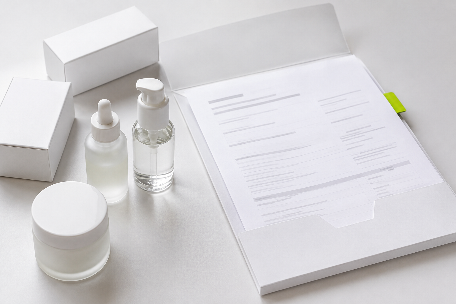 Unbranded skincare samples beside an open document folder